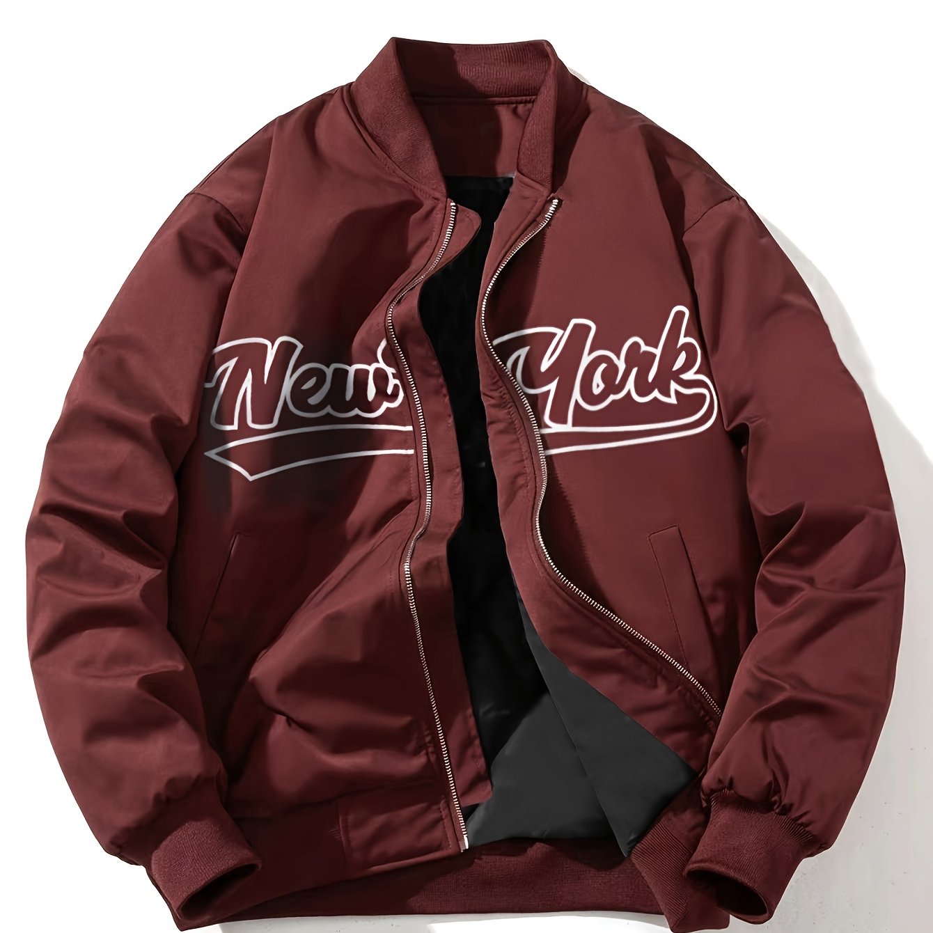 One Men's Casual Bomber Jacket made of 100% lightweight polyester with letter print, baseball collar, long sleeves, regular fit, pockets, and zippered front - suitable for daily and leisure