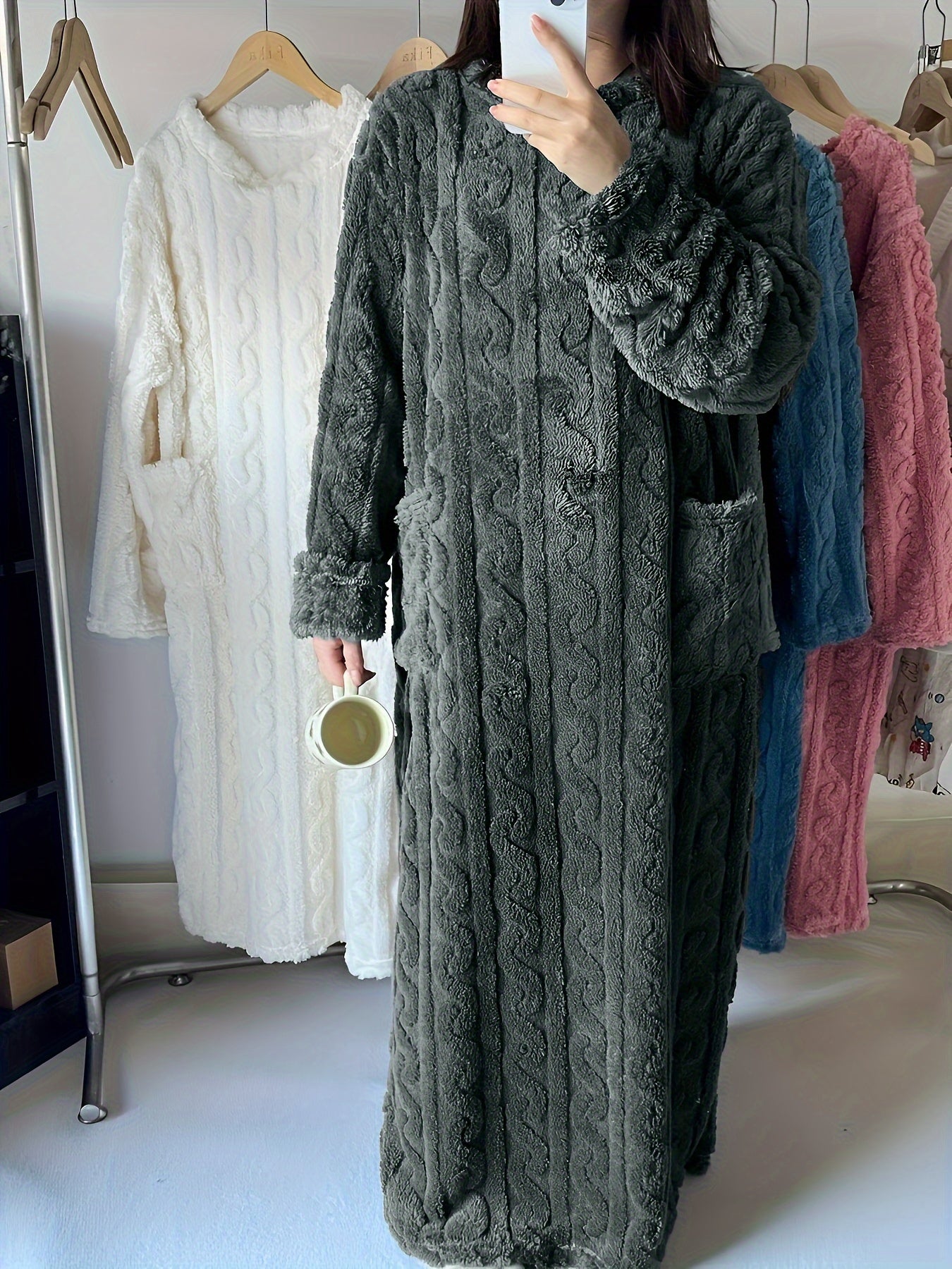 Women's fleece-lined long sleeve nightgown with cable knit texture - ideal for Fall/Winter.