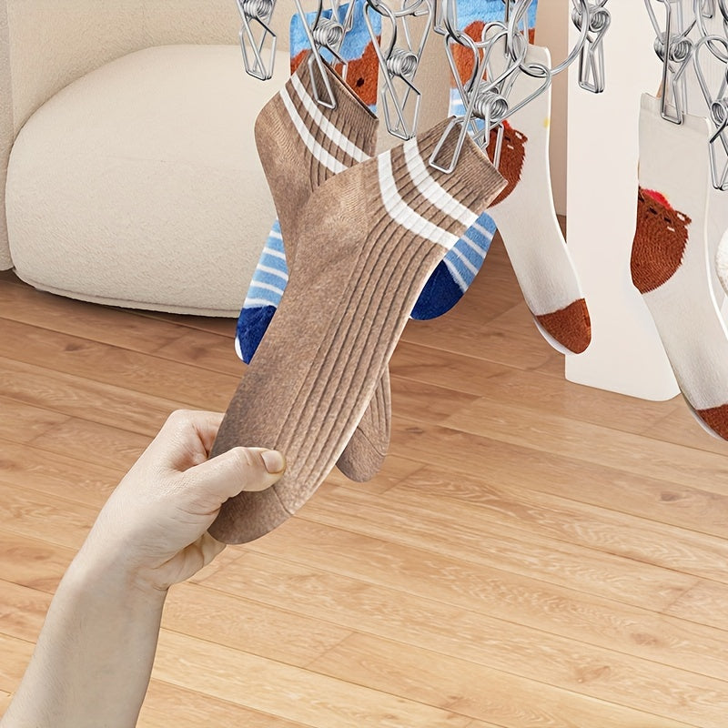 Essential Laundry Accessory: Stainless Steel Sock Drying Rack with Windproof Swivel Hook Hanger and 20/30/40 Clips for Socks, Bras, and Underwear