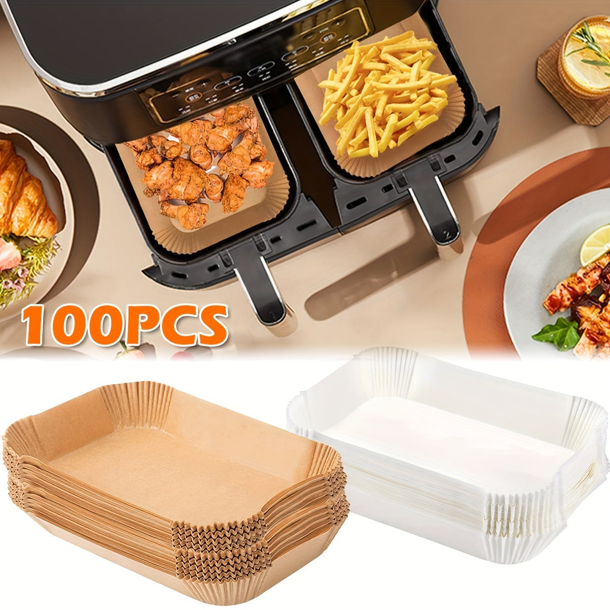 100/200 pieces of high-quality Non-Stick Air Fryer Liners made to withstand high temperatures, resist oil and water, and fit perfectly in dual basket air fryers. These easy-to-clean, food-grade liners are durable and reusable, making them ideal for home