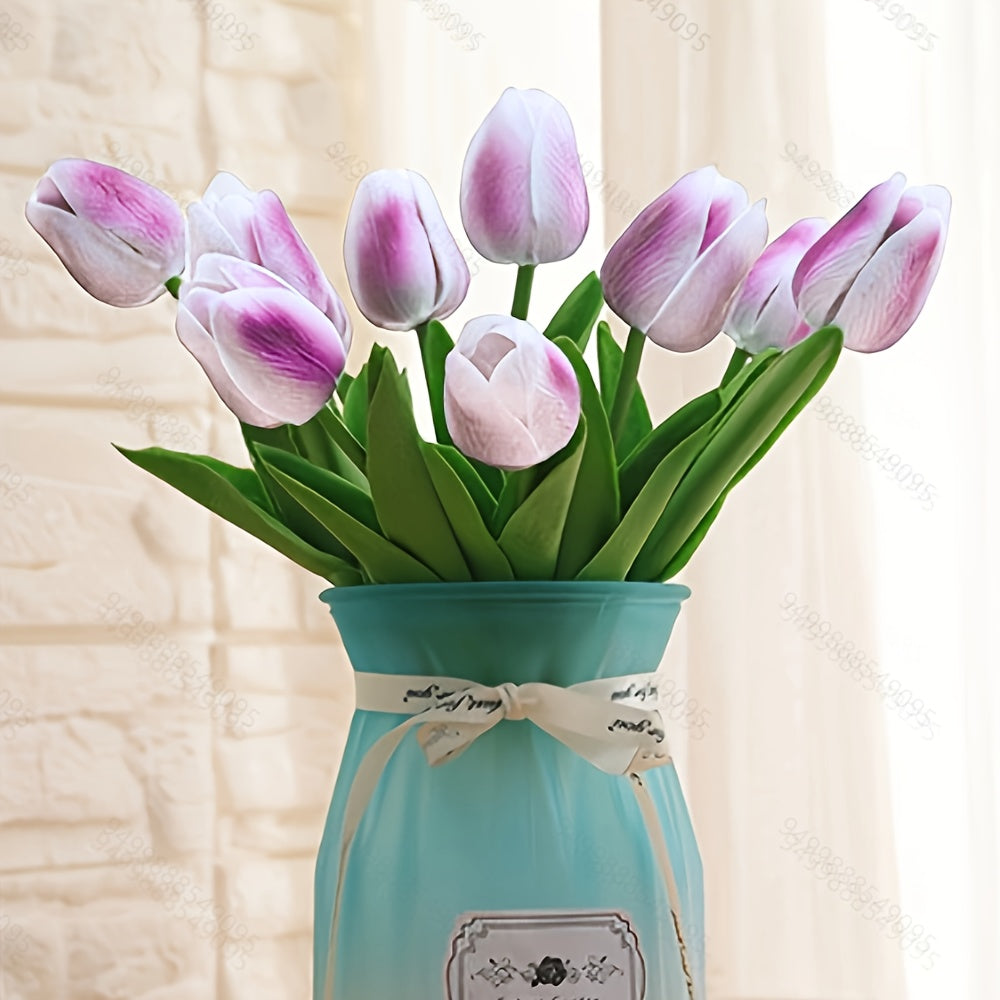 6 artificial tulips, perfect for home decor and tabletop display during anniversaries or in living rooms. Vase not included.