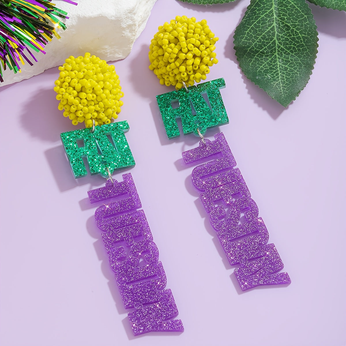 Festive Boho Beaded Earrings with Bold FAT TUESDAY Design, Ideal for Carnival and Everyday Wear, Featuring Unique Seed Bead Dangles and Stainless Steel Posts, Great Gift for Loved Ones during the Holidays.