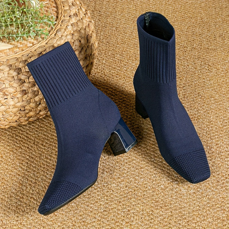 Women's square toe sock boots with high heel, solid color knit design, stretchy slip on style.