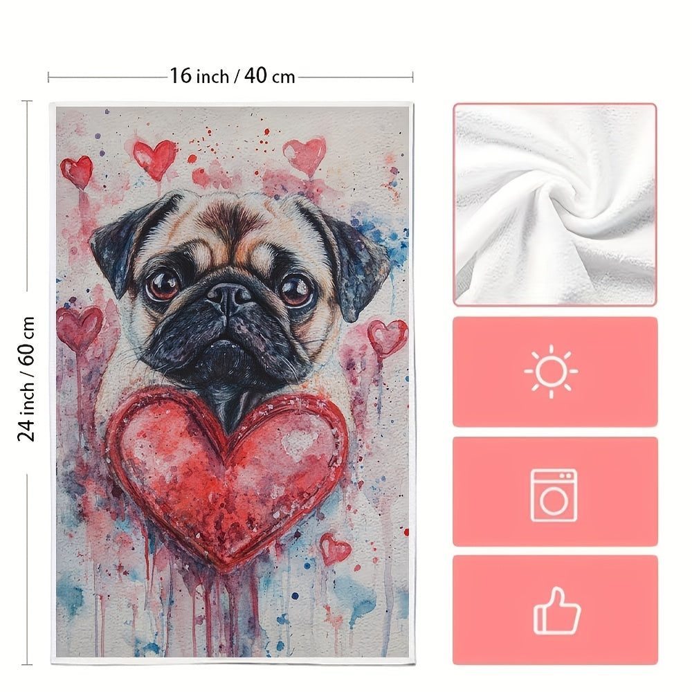 Set of 2 Ultra Plush Kitchen Towels - Adorable Valentine's Day Pug and Heart Pattern, Super Absorbent & Easy to Clean Dish Hand Towels, 16x24 inches, Ideal for Festive Home Decor and Drying Dishes