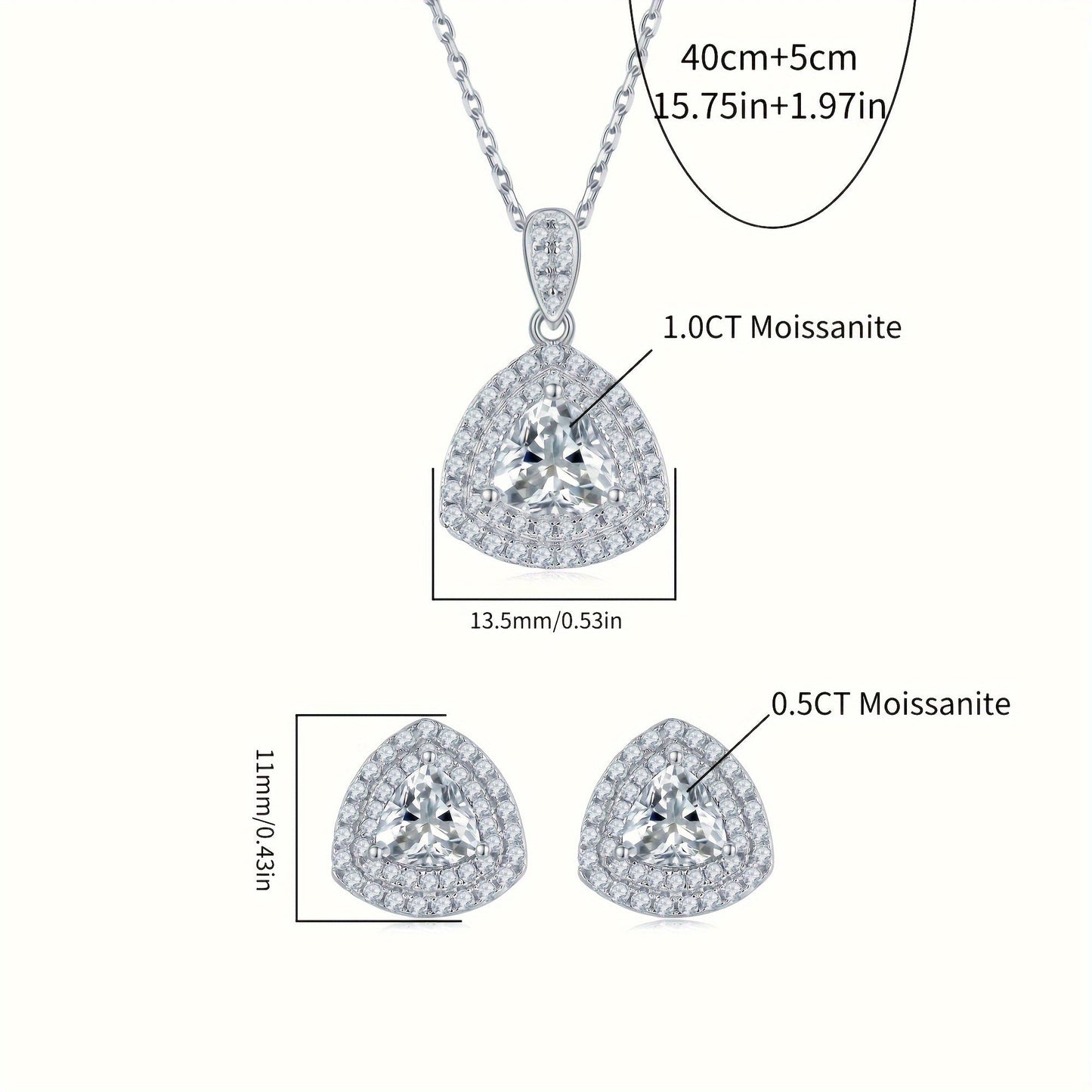 Experience elegance with the SEVENMOONS Luxury Moissanite Jewelry Set. Crafted with 925 sterling silver and platinum plating, this set features a stylish triangle pendant necklace and matching stud earrings. Perfect for adding a touch of glamour to any