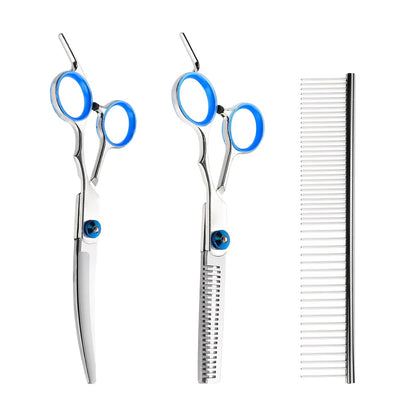 Pet grooming set includes blue trimming scissors, professional grooming scissors, curved scissors and combs, all made of stainless steel for dogs.