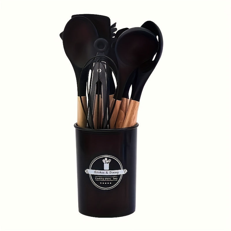 Premium Silicone Kitchen Utensil Set with Wooden Handles - Includes 6 essential pieces: Turner, Spoon, Spatula, Brush, and Whisk. Heat Resistant and Non-Stick Cookware Safe, BPA-Free.