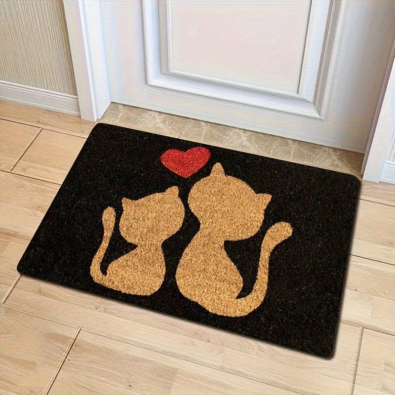 Heart Design Doormat with Cute Cat - Easy to Clean, Machine Washable, Stain Resistant, Polyester Rectangular Rug for Bedroom and Farmhouse Entryways.