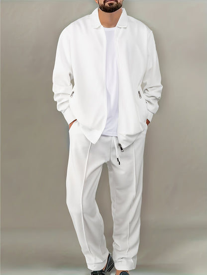 2-piece Men's Waffle Knit Casual Outfit: Solid White Long Sleeve Zip-Up Cardigan & Drawstring Pants Set. Comfortable polyester blend, perfect for daily wear or vacation in spring/fall.