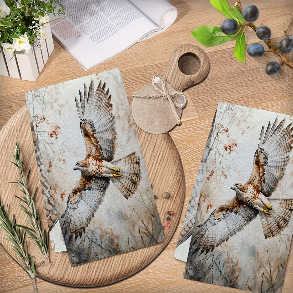 Two ultra-soft kitchen towels featuring the piercing cry of a hawk flying above. These dish towels are highly absorbent and perfect for holiday decoration. They are machine washable and measure 40.64X60.96 cm.