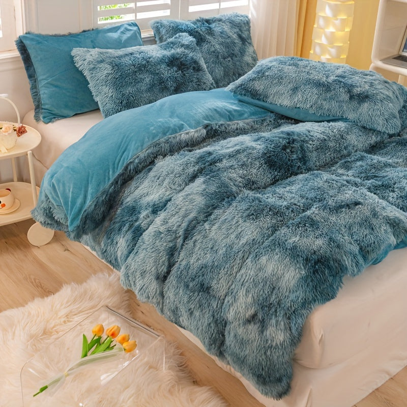 Y2K Tie Dye Plush Duvet Cover Set includes 3 pieces (1 Duvet Cover + 2 Pillowcases), providing soft and warm bedding.