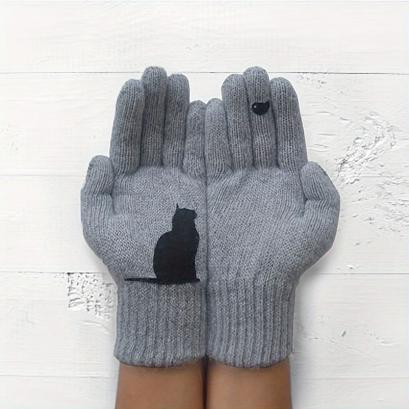 Stylish Cat Print Knit Gloves made for the cold weather, featuring a unique split finger design for added warmth and protection against the cold wind during Autumn and Winter.