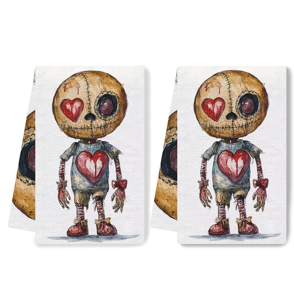 Set of 2 Ultra Soft Kitchen Towels featuring a Quirky Voodoo Doll with Heart Design, Exceptionally Absorbent & Easy to Clean, Size 40.64x60.96 cm - Ideal for Valentine's Day Decor, Festive Dish Towels|Unique and Fun Towel Design|Soft Knitted Texture