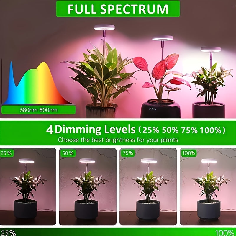 3 LED grow lights with stand, full spectrum, adjustable height, auto timer (2/4/8H), 4 brightness levels for small plants & home decor.