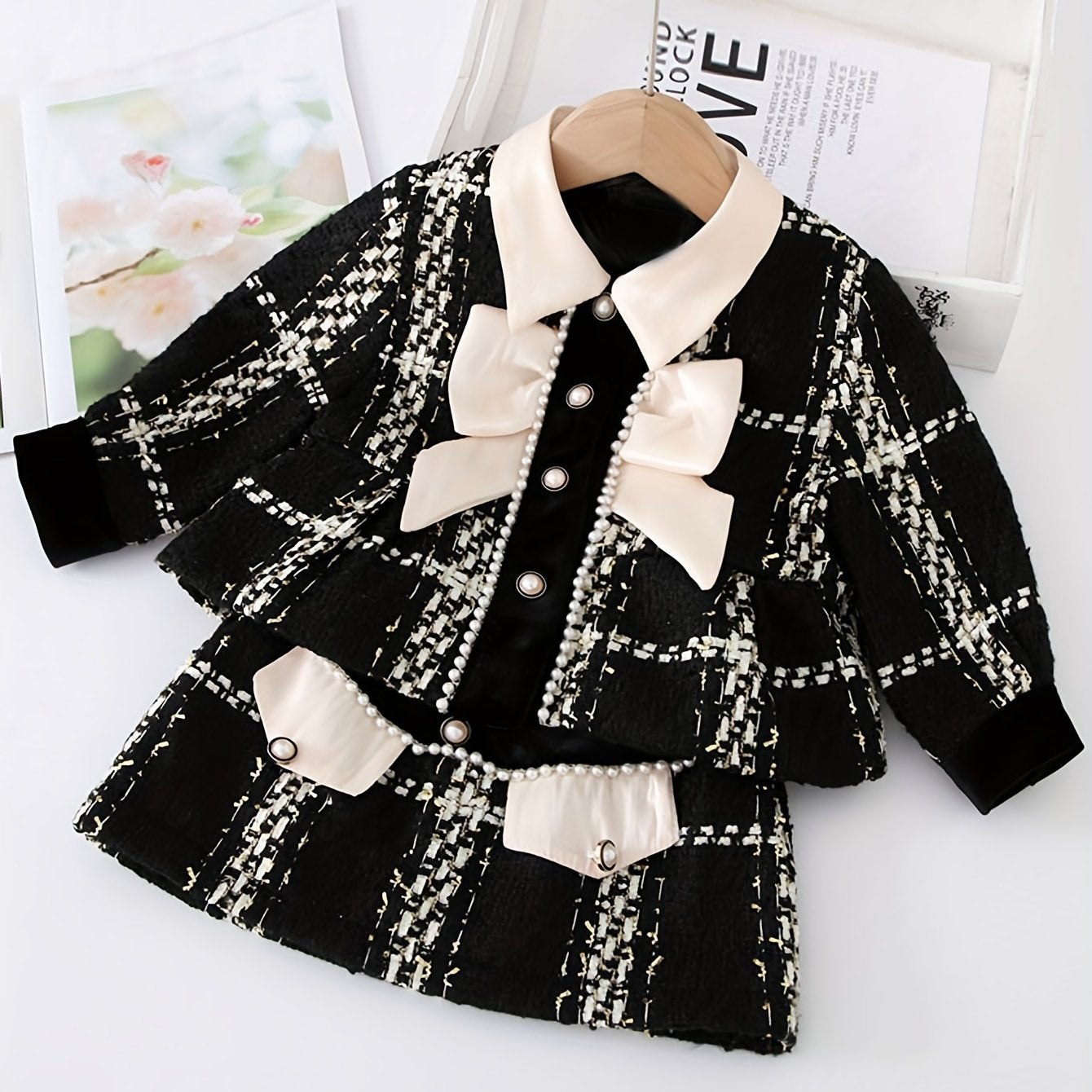 Elegant 2pcs Bow Decor Long Sleeve Jacket + Skirt Set for Spring/Fall Activities, Birthday Gift