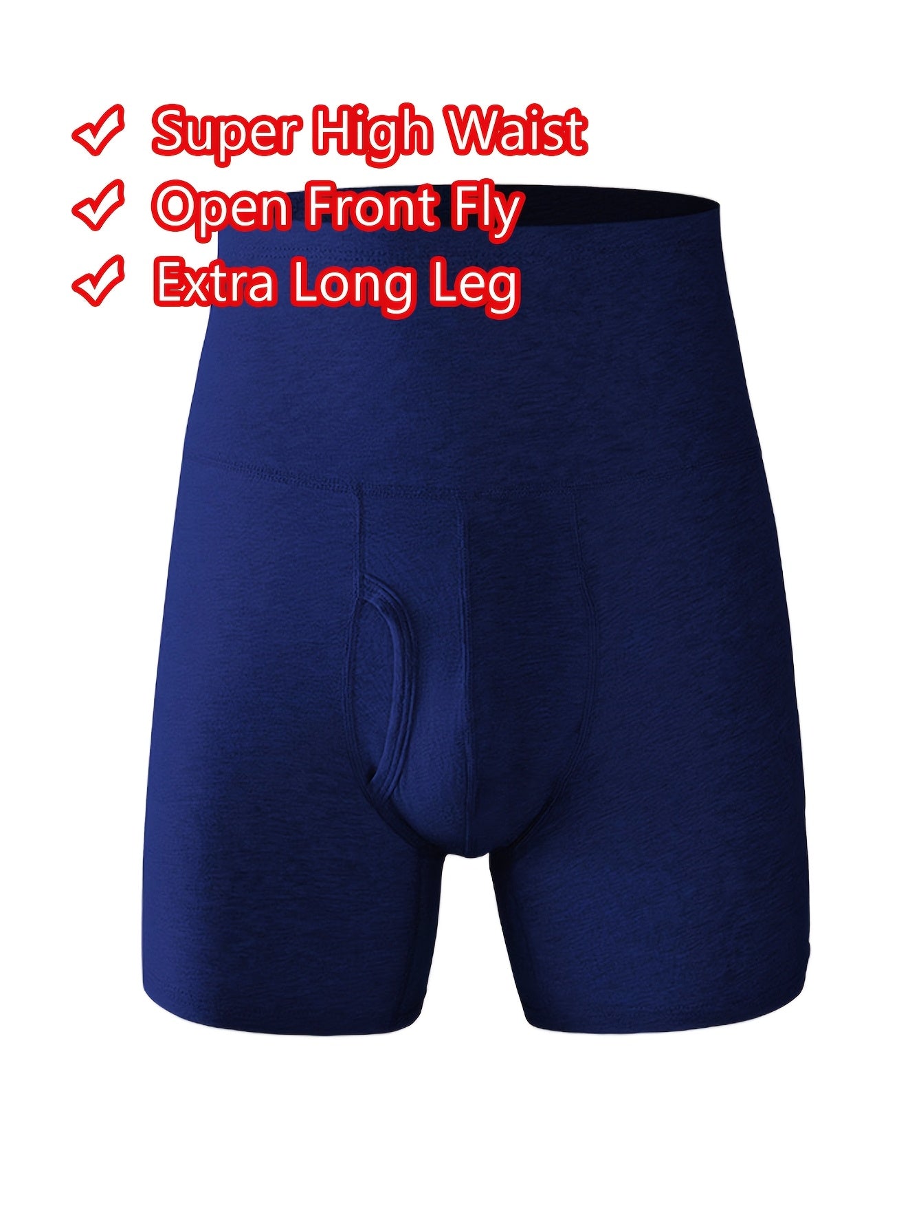 Men's super high-waisted long boxer briefs with front opening, extended leg length, and breathable, soft pure cotton material. Available in black, gray, and royal blue.