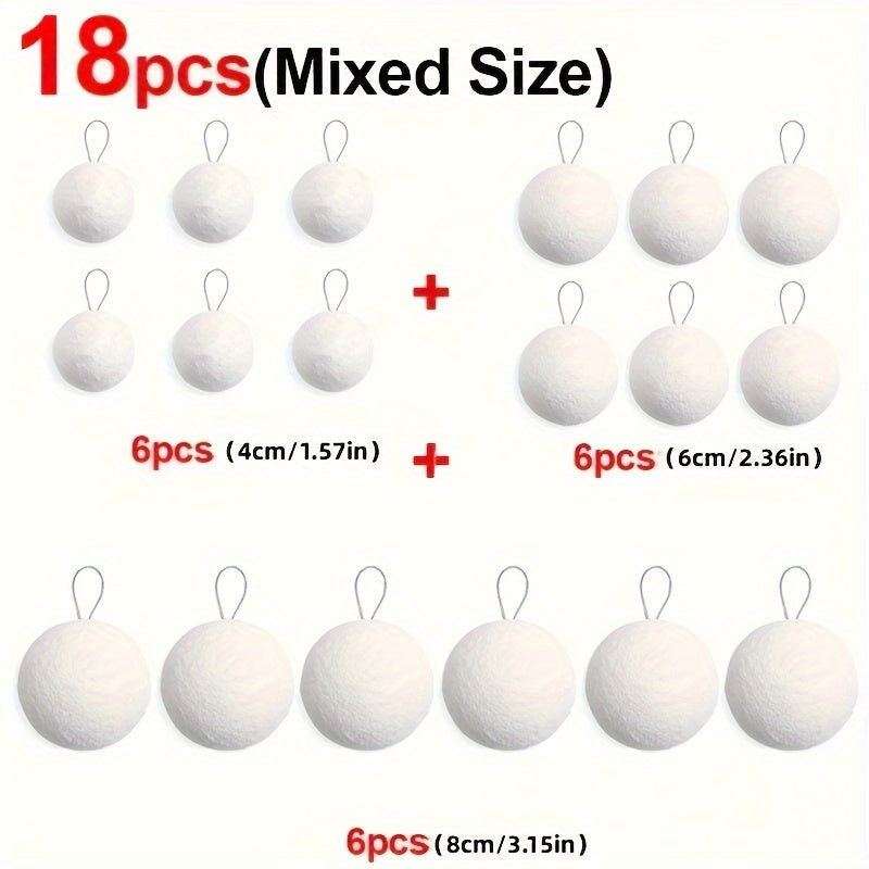 18 white foam balls in 4cm, 6cm, and 8cm sizes, 6 of each, for Christmas tree decorations.