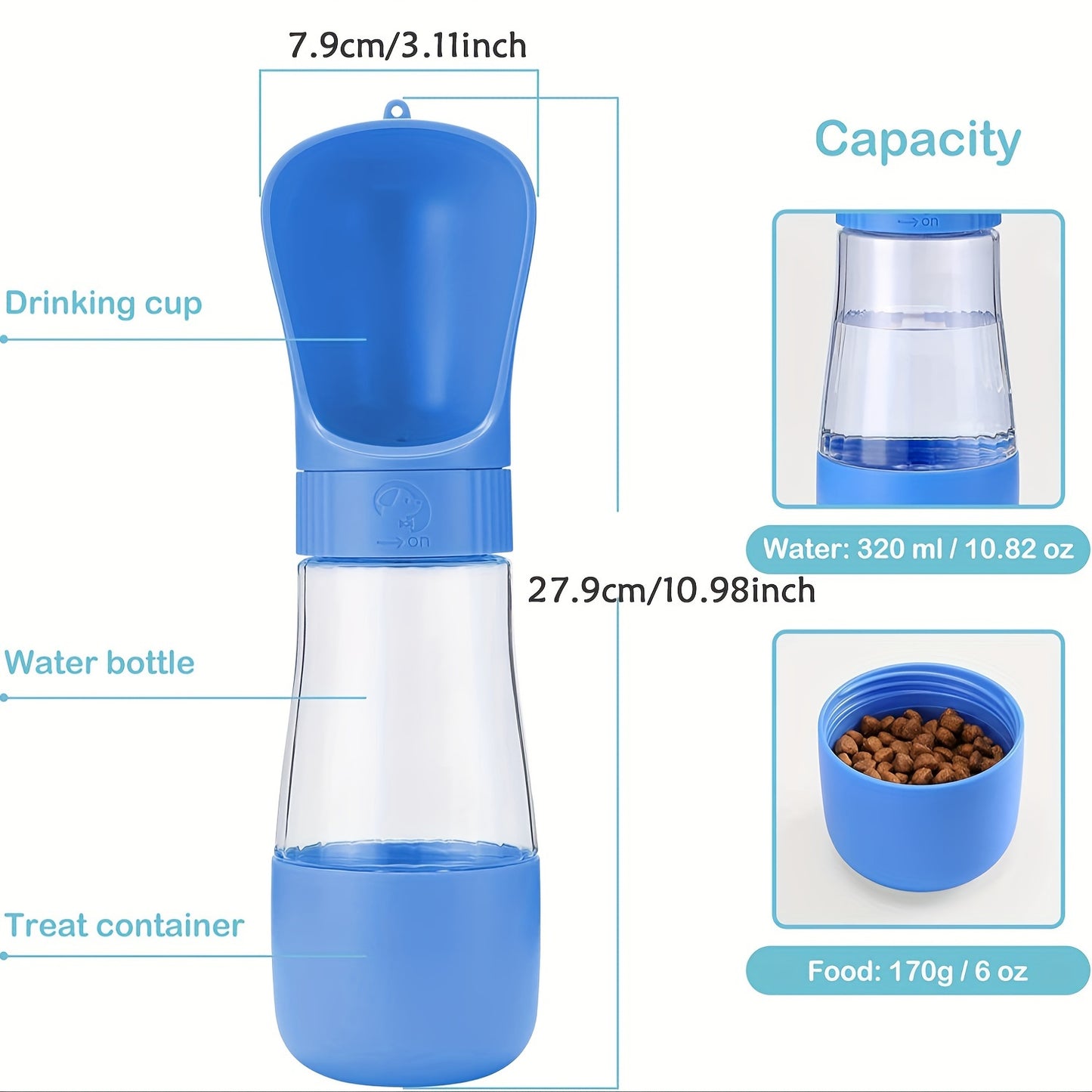 Portable dog water bottle with food container for walking, hiking, and travel. Ideal for cats, puppies, and other pets.