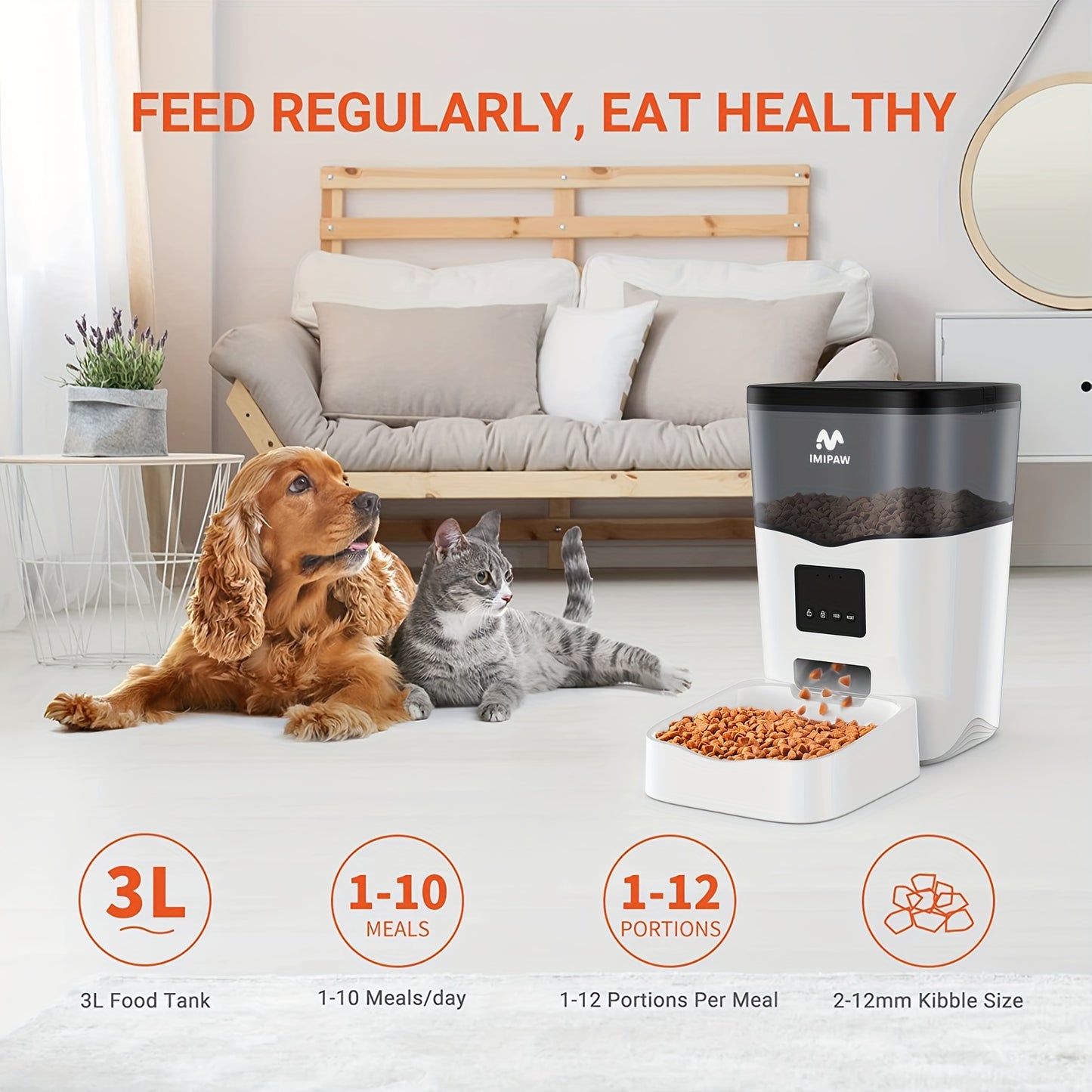 IMIPAW 3L Smart WiFi Pet Feeder dispenses up to 20 meals a day, controlled via app and powered by USB.