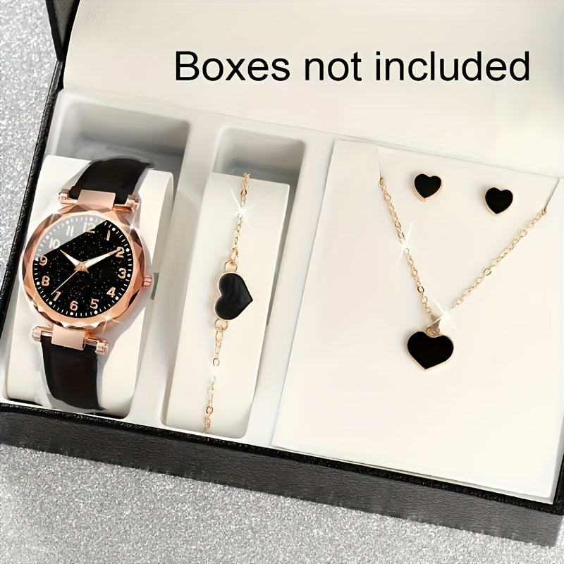 Stylish 5-piece women's watch and heart jewelry set, featuring a digital quartz wristwatch with PU leather band, round zinc alloy case, and button battery operation.