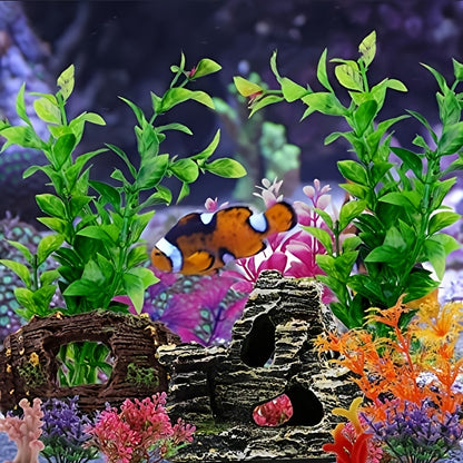 15pcs Fish Tank Decorations including resin broken barrel, cave rock view, and plastic plants