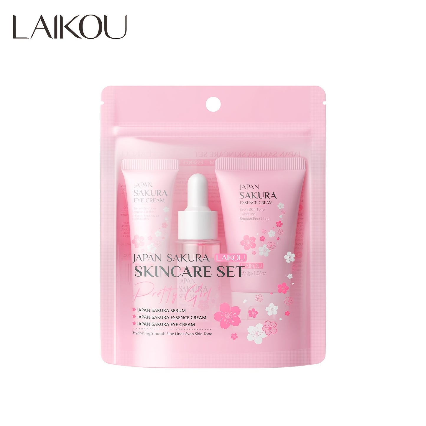 LAIKOU Japanese Cherry Blossom Skin Care Set includes Serum, Liquid Eye Cream, and Face Cream. Perfect as a skincare gift set.