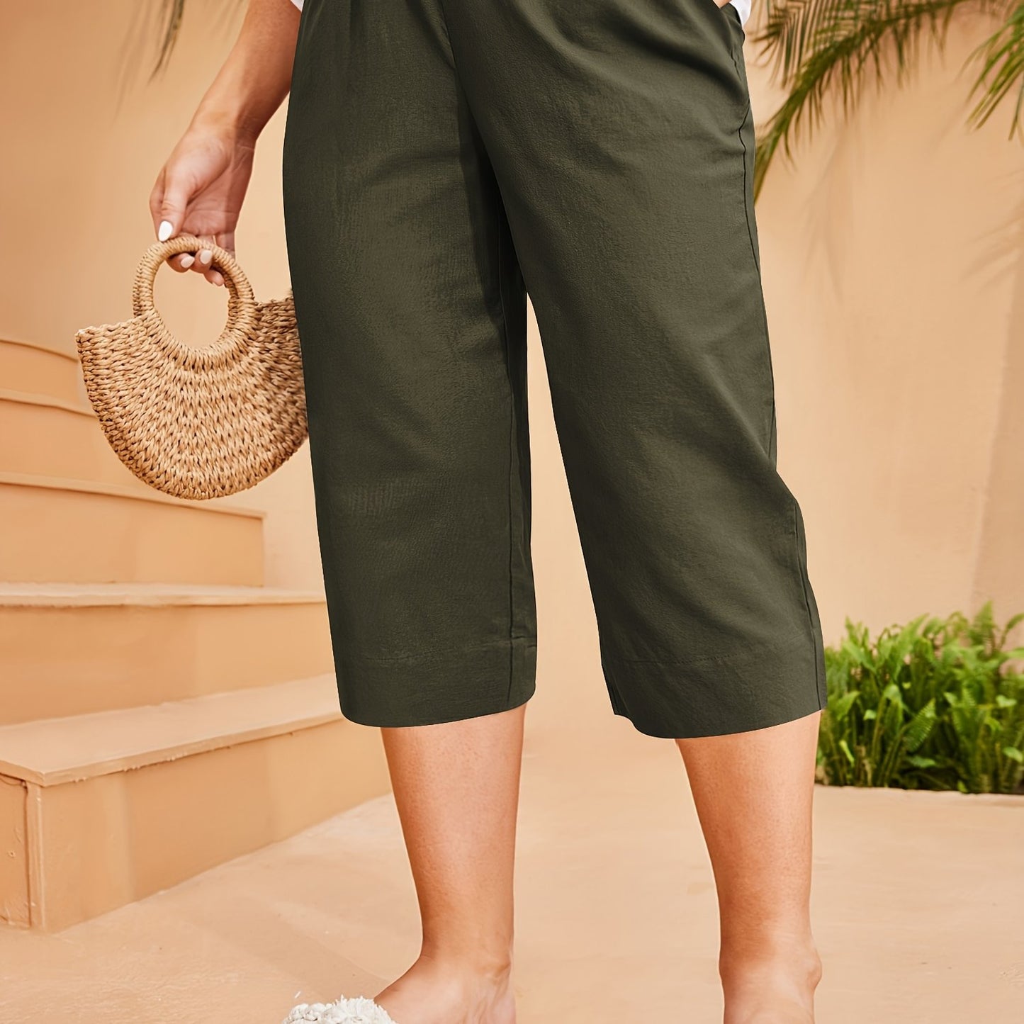 Women's Spring/Summer Wide Leg Pants with Elastic Waist, Double Insert Pockets, Breathable Linen-Feel Fabric, Solid Color, 100% Polyester, 175g/m² - Casual Woven Trousers