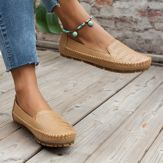 Ayollar uchun retro teshikli tekis poyabzal, qulay slip-on loafers