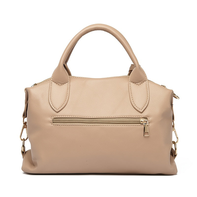 Boston style synthetic leather tote bag with zipper closure, polyester lining, and edge paint detail. Comes in Black, Pink, Khaki, Orange, and Light Brown.