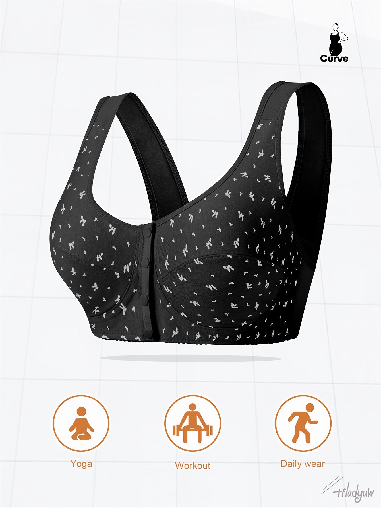 Large women's solid color front buckle vest style bra, comfortable and breathable with random printing, no steel ring.