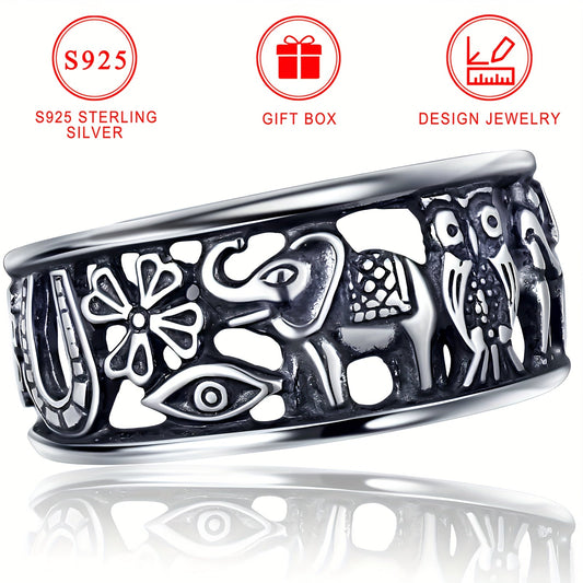 Elegant Sterling Silver Band Ring with Vintage Boho Animal Themes, featuring Elephant, Owl, Horseshoe, and Floral Carvings. Made with S925 Silver-Plating, Nickel-Free. Perfect for Daily Wear or Gifting, comes with a Gift Box. Lightweight at 3.5g.