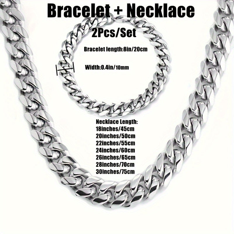 Men's Stainless Steel Necklace and Bracelet Set, 2 Piece Set featuring a 10mm Thickened Chain Bracelet and Necklace - Stylish Men's Fashion Accessories