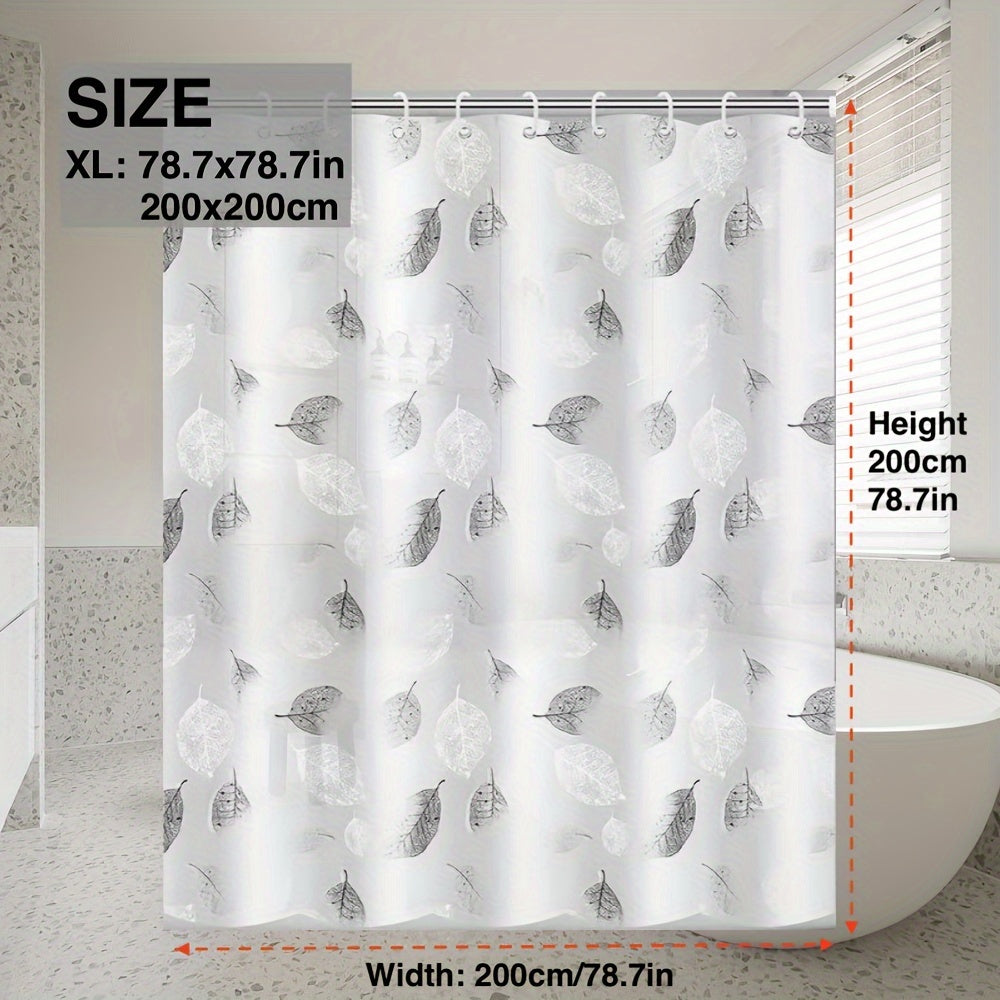 Waterproof PEVA shower curtain liner with leaf pattern and plastic hooks, suitable for various settings such as hotels, apartments, dormitories, and homes for bathroom and window decoration.