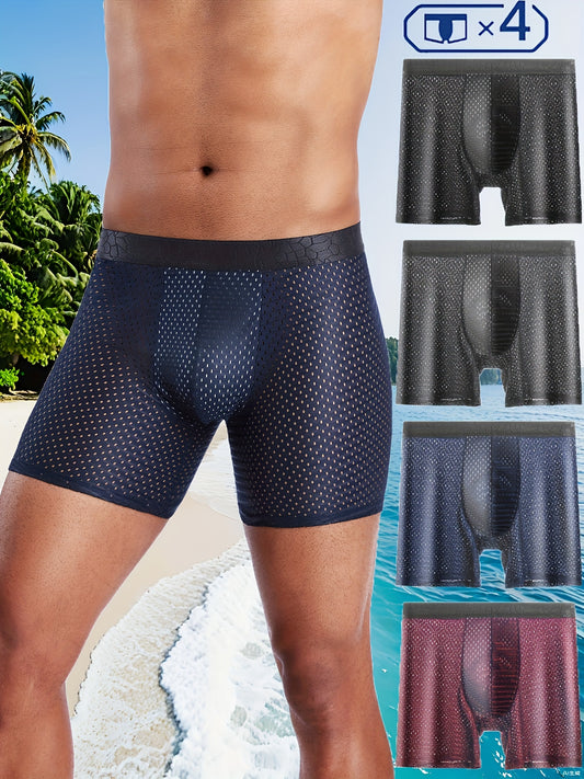 4 pairs of men's underwear with extended trouser legs, mesh holes, flat corners, and breathable fabric.