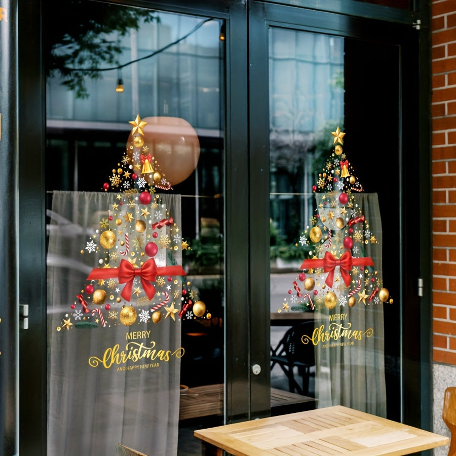 Festive Christmas Tree Static Cling Window Film made of PVC, measuring 45cm x 60cm, perfect for decorating glass doors during the holiday season at home or in shops.