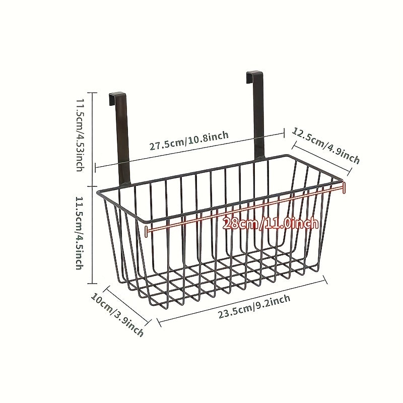 Over-the-door storage basket made of durable metal, easy to install and suitable for bathrooms, kitchens, and balconies. Comes in black or white.