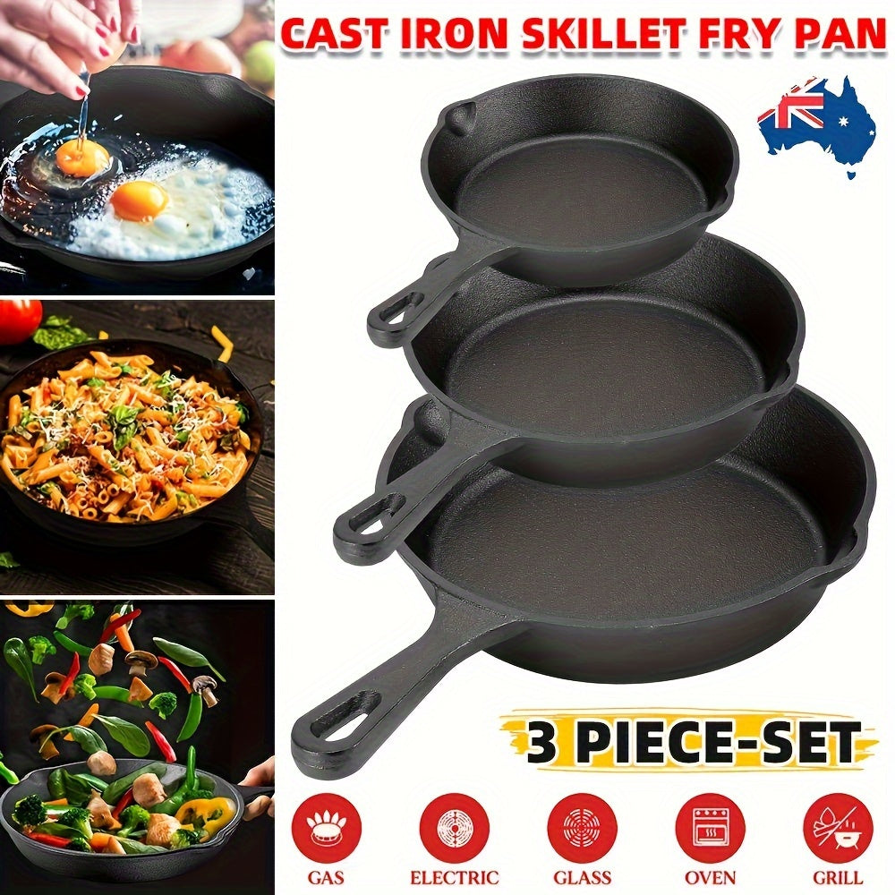 Set of 3 Cast Iron Skillets, Non-Stick Coating, Multi-Purpose Cookware, Features Convenient Pouring Spout, Ideal for Home, Dining establishments, and Hospitality Industry, Suitable for Gas, Electric, Induction, and Oven Cooking.