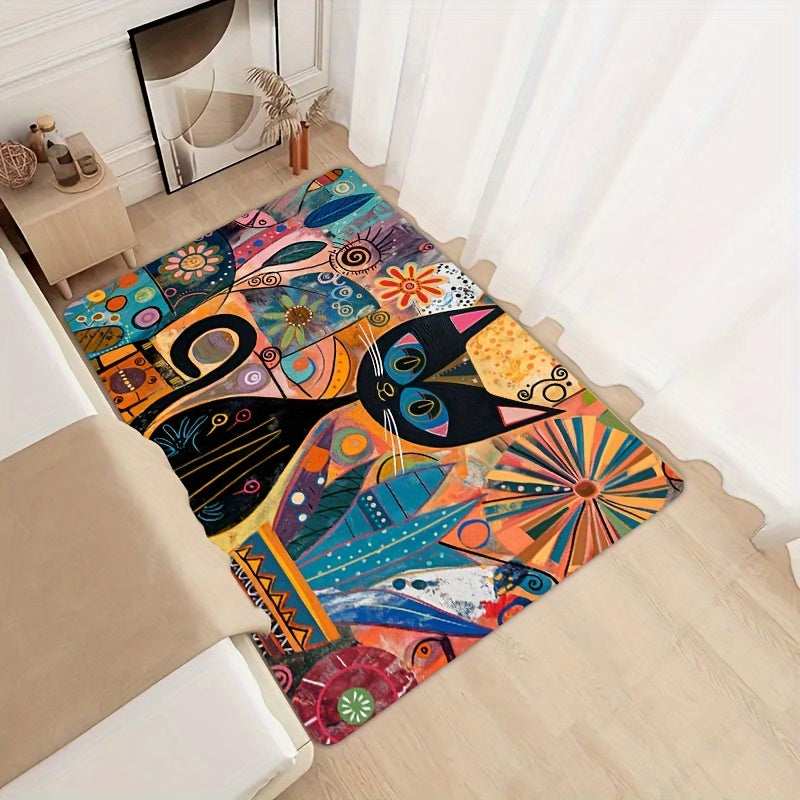 Abstract Art Cat Doormat - Easy to Clean in Washing Machine, Non-Slip PVC Backing, Made of Durable Polyester - Rectangle Mat for Bathroom, Kitchen, Living Room, or Bedroom - Stylish Entryway Decor Rug