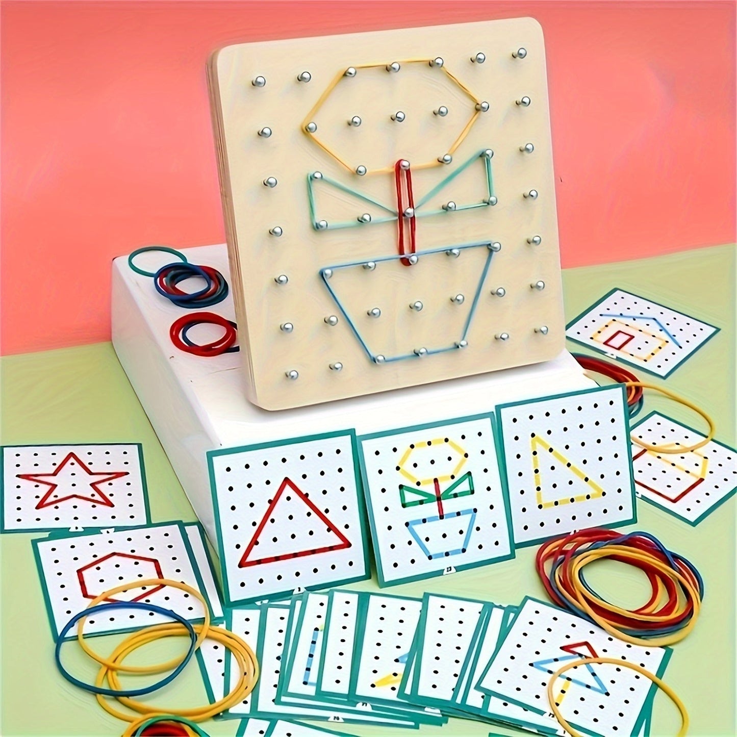 YIDIEMO Creative Thinking Geometric Board Set with Pattern Cards & Rubber Bands - Educational Wooden Stacking & Sorting Toy for Ages 3-6, Promoting Learning & Math Skills in Kids, Perfect Gift for Birthdays, Halloween & Christmas.