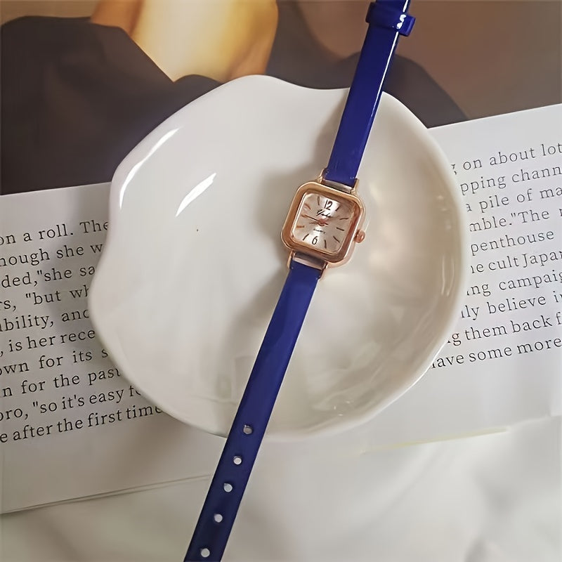 Sleek design mini square quartz watch with faux leather strap for women.