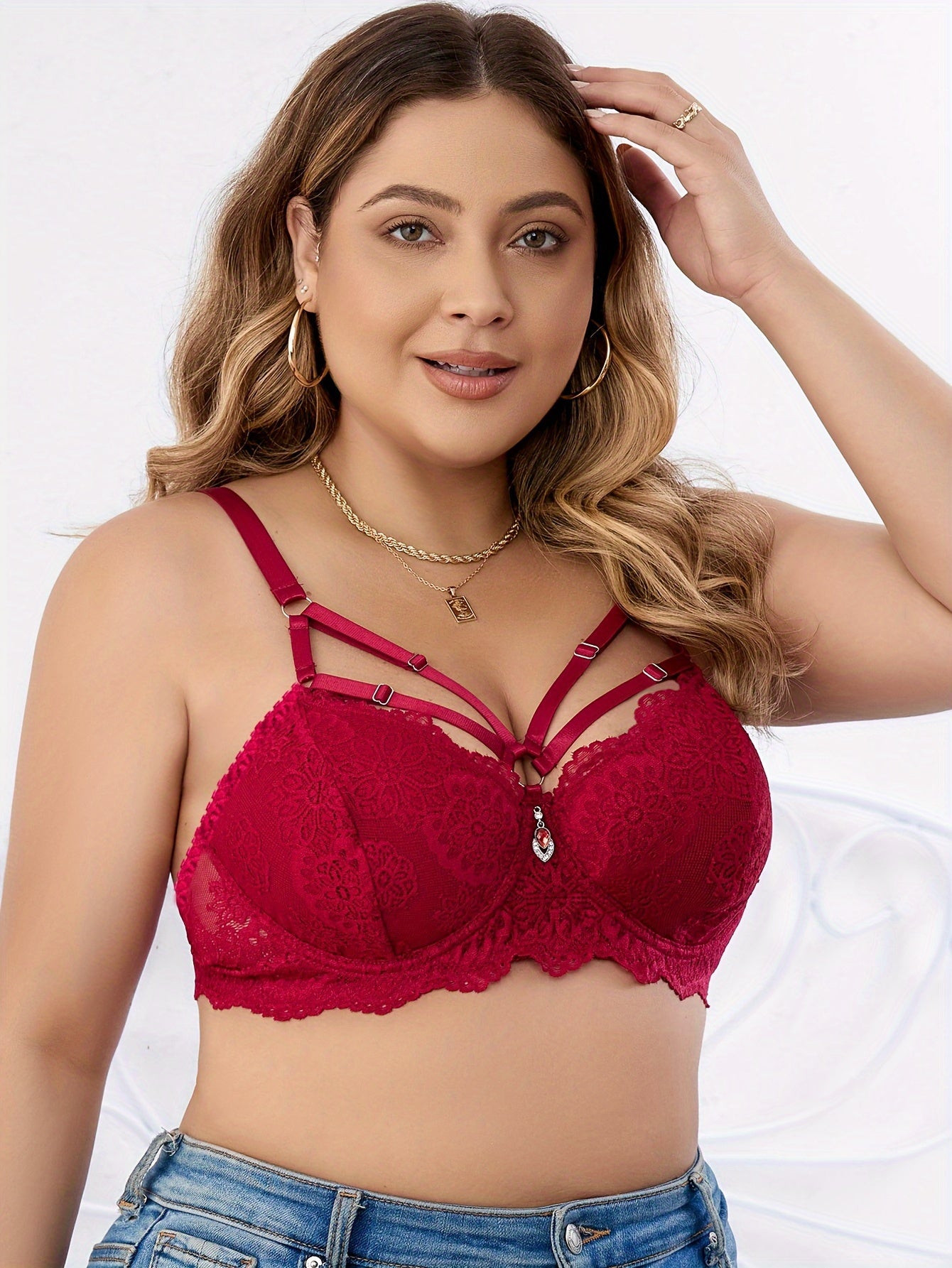 Women's plus size sexy bra with rhinestone decor and scalloped trim