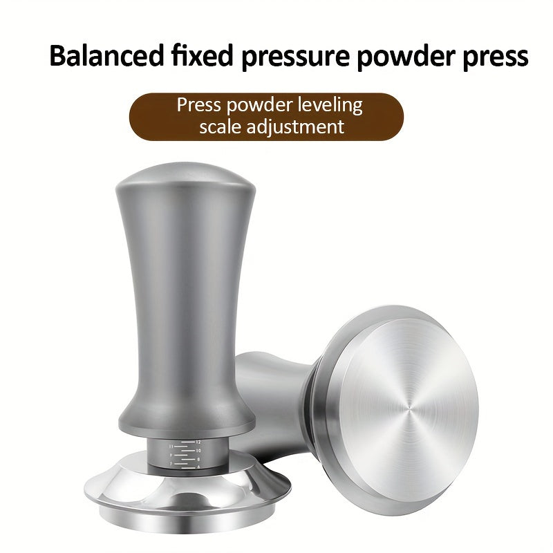 Adjustable pressure coffee tamper made of premium stainless steel, perfect for both espresso and drip coffee. An essential tool for baristas, ensuring constant pressure and even distribution of coffee powder.