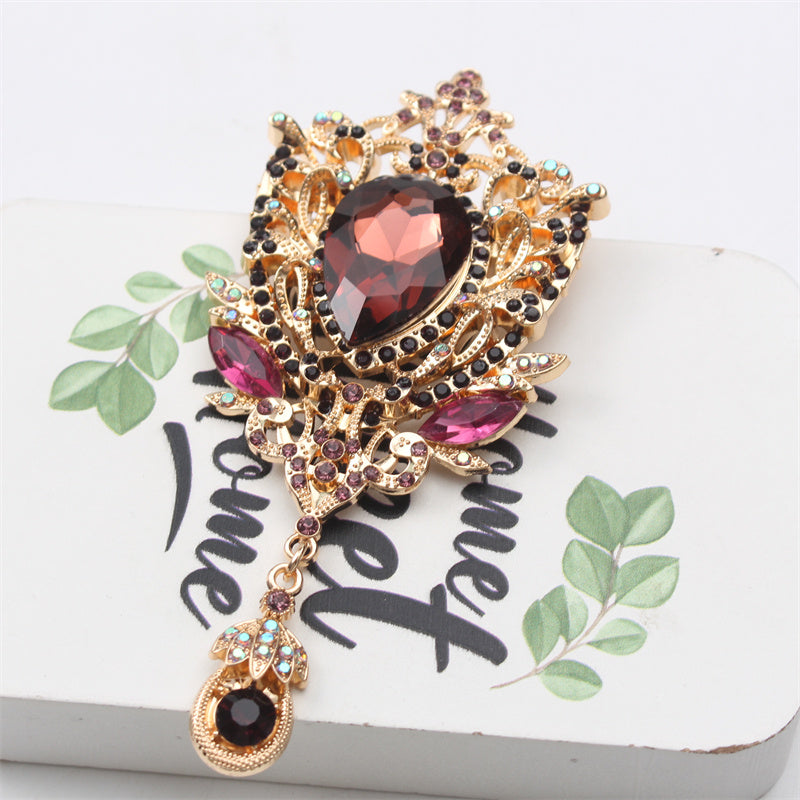 Zamonaviy Retro Rhinestone Gul Broshka, Shisha Pendanti bilan - Palto va Aksessuarlar uchun Nafis Emal Korsaj Pin