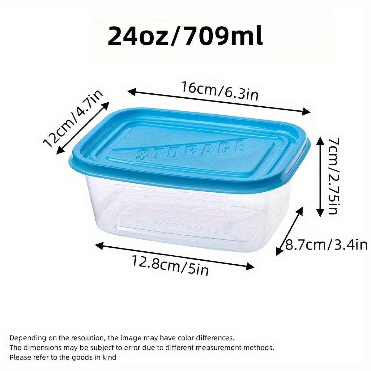 Pack of ten 24-ounce clear plastic meal prep containers that are safe for use in the microwave and dishwasher. These rectangular lunch boxes come with lids in random colors and are reusable.