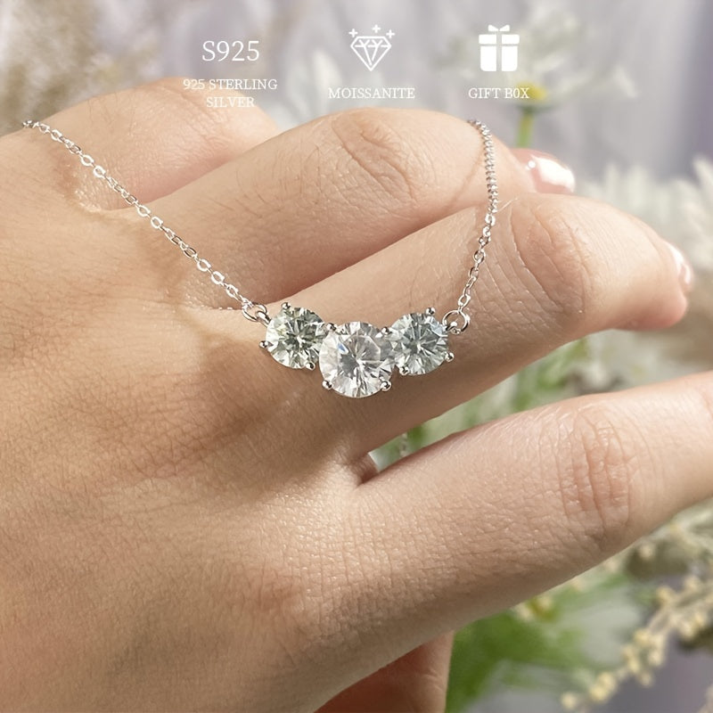 Luxurious Hypoallergenic Three Stone Necklace in 925 Sterling Silver with 2-4ct Moissanite. Perfect Gift for Valentine's Day or Birthday, Comes with Moissanite Certificate and Elegant Gift Box, Ideal for Women.