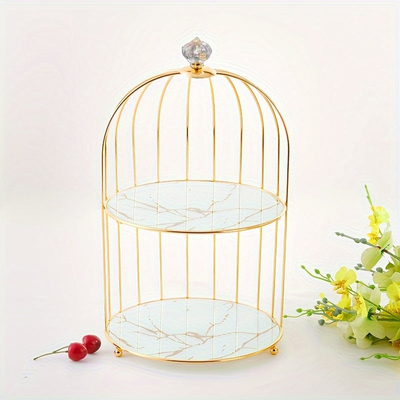 Golden cast iron birdcage cake stand for elegant dessert display in living room, perfect for snacks, fruit, and sweets.