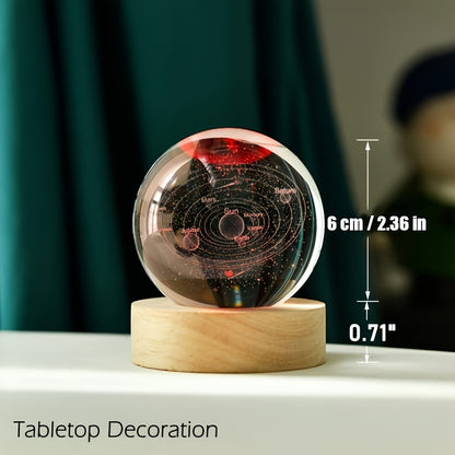 6cm USB-powered 3D Solar System Crystal Ball with Multicolor LED Base. Perfect for astronomy enthusiasts and space collectors.