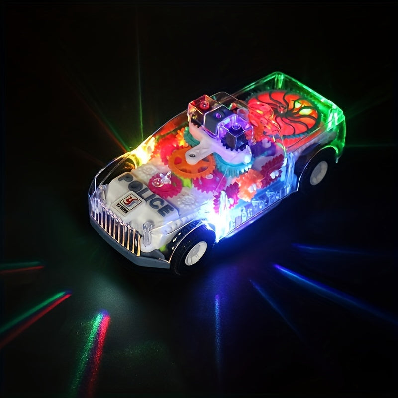 Electric car toy with lights and music, featuring transparent gear and police car design.