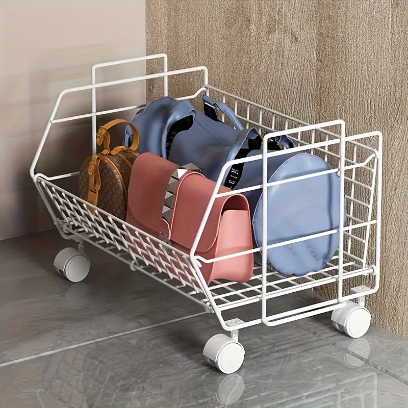 Spacious under-desk storage basket with wheels for backpacks and more. Sleek metal organizer with contemporary style, no electricity required.