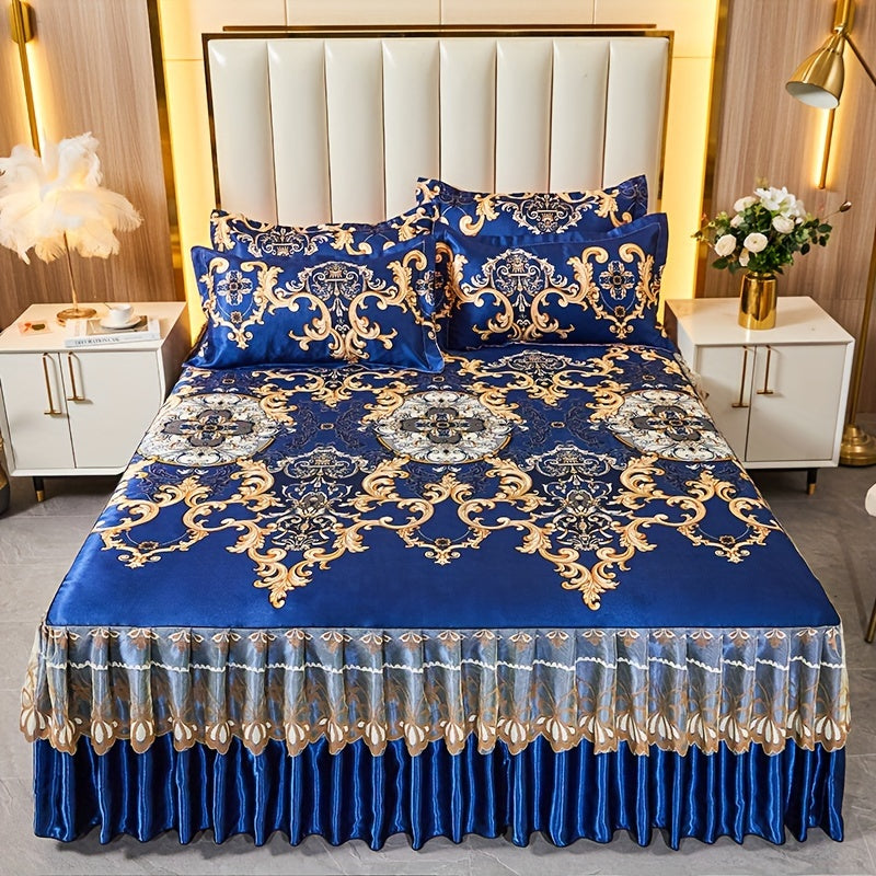 Jacquard Bed Skirt Set with Pillowcases, featuring a charming Lace Hem and Floral Pattern. Made of Soft and Comfortable 100% Polyester, this set is machine washable for easy care. Available in Contemporary Style with a Woven Fabric design, weighing 120g.